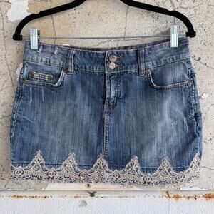 Y2K Denim Mini Skirt Embellished Lace Hem Distressed Blue Jean Micro Mini 28